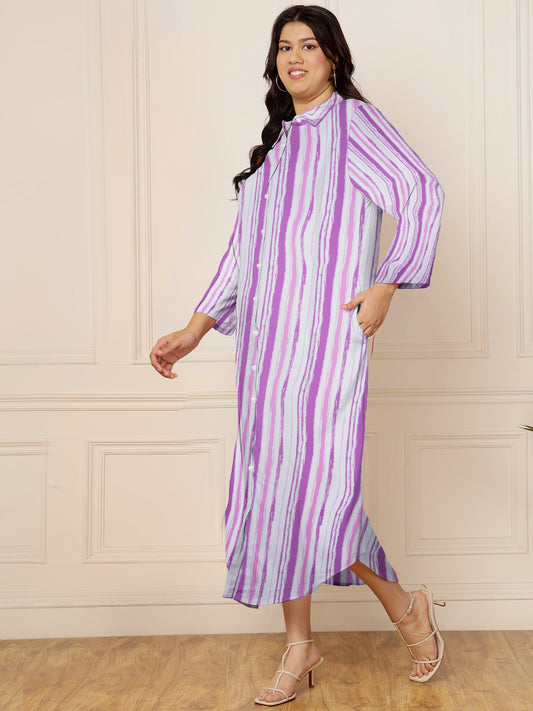 Women's Plus Size  Purple Striped Linen Women Shirt