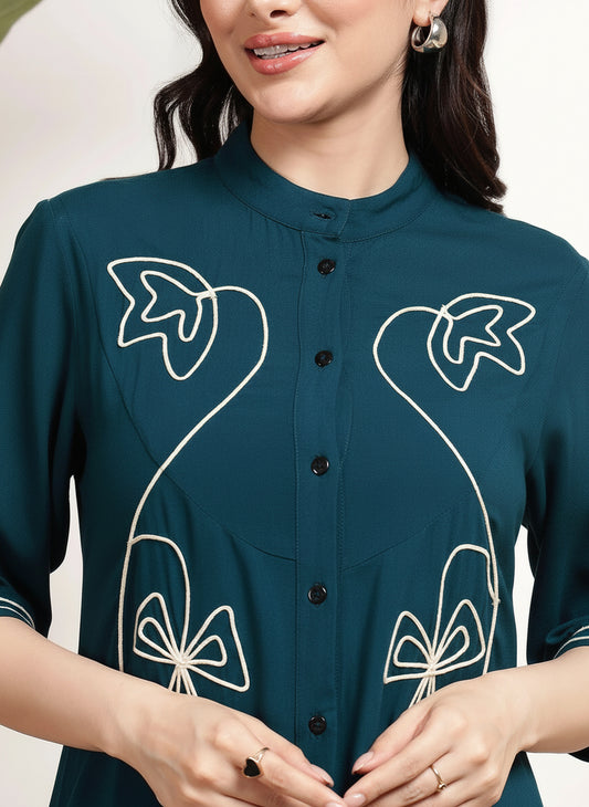 Teal Embroidered Tiered Women's Shirt Dress