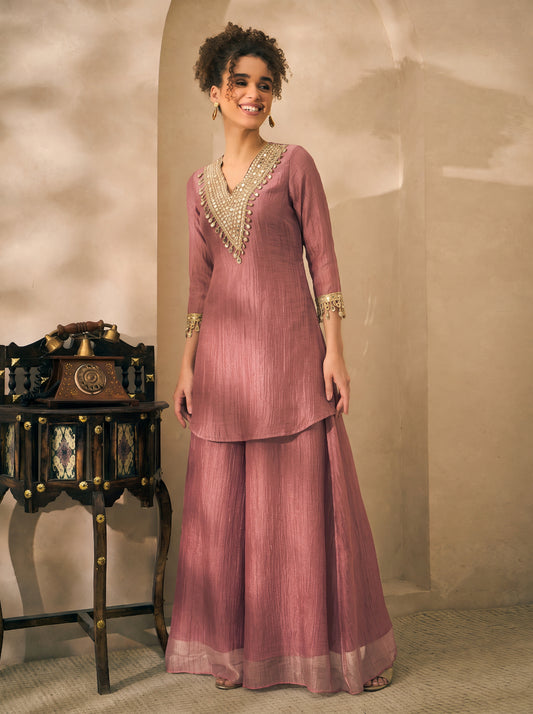 Pink Shimmer Solid Kurta With Palazzo Women Co-Ord Set