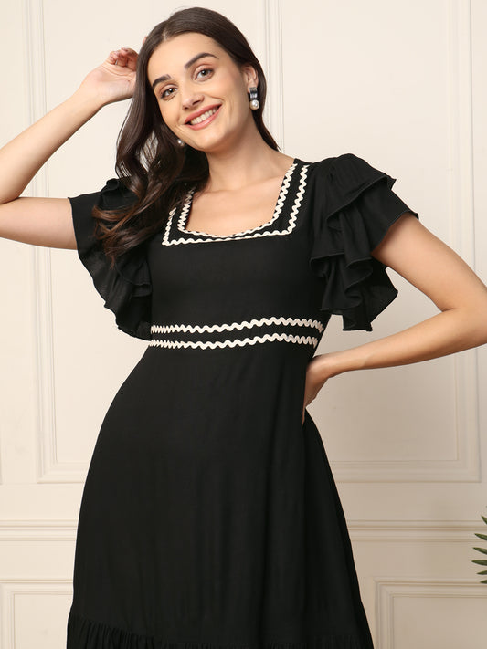 Black Tiered Flared Women Dress