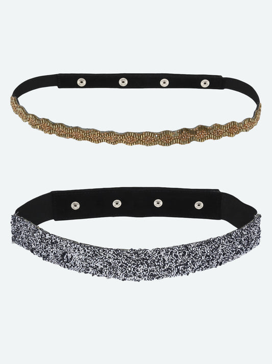 Women's Pack of 2 Silver Beaded Embellished PU Belt