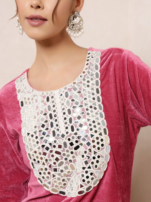 Velvet Pink Kurti Embroidered Neck Patch Sharara With Dupatta Indo Western Women Co-Ord Set