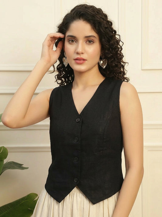 Black Cotton Solid With Floral Waistcoat With Skirt Women Co-Ord Set