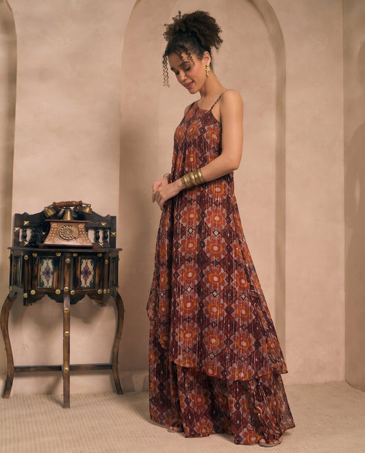 Brown Floral Printed Chiffon One Shoulder Tunic With Palazzo Indo Western Women Co-ord Set