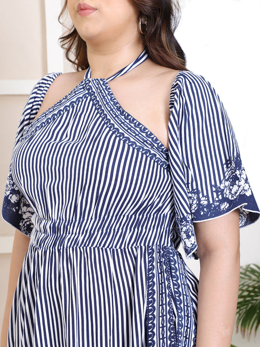 Women's Plus Size Blue Striped Printed With Bell Sleeve High Slit Dress