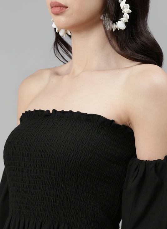 Off Shoulder Solid Black Short Length Dress
