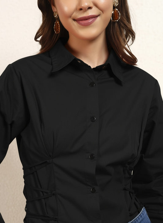 Black Cotton Poplin Solid Side String Loop Womens Shirt