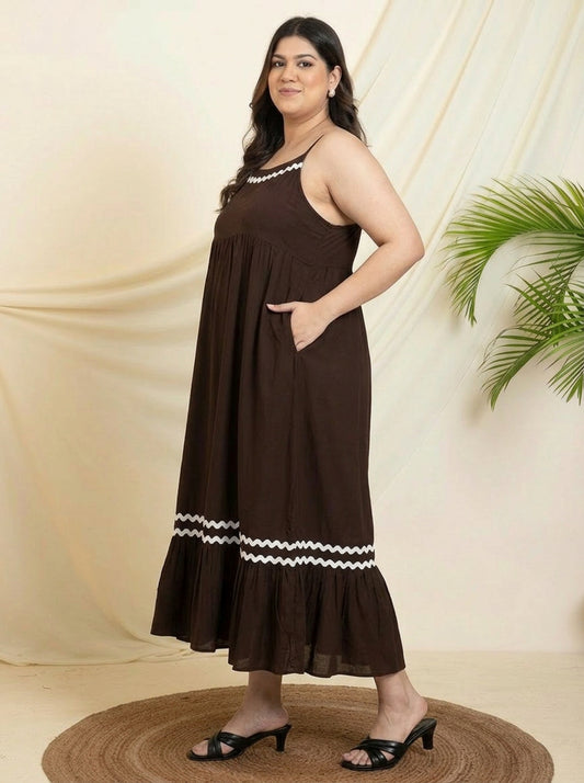 Brown Rayon Solid Tiered With Slit Women Plus Size Dress