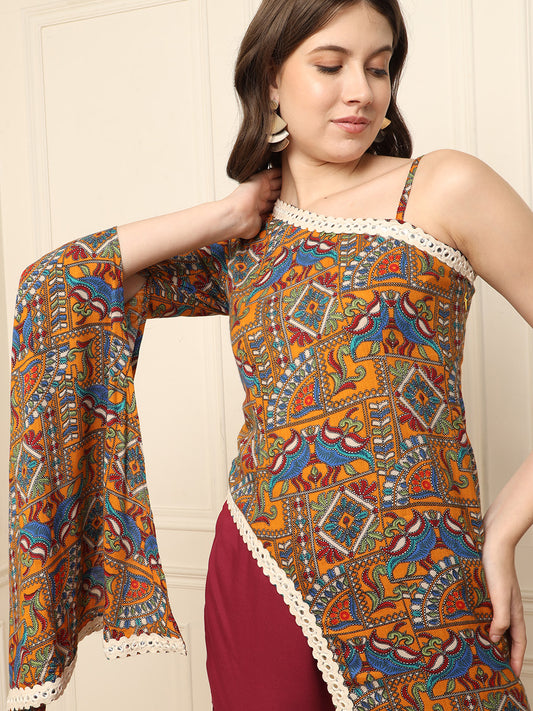 Maroon Printed Asymmetric Cut With Long Bell Sleeve Ethnic Indo Western Co-Ord Set