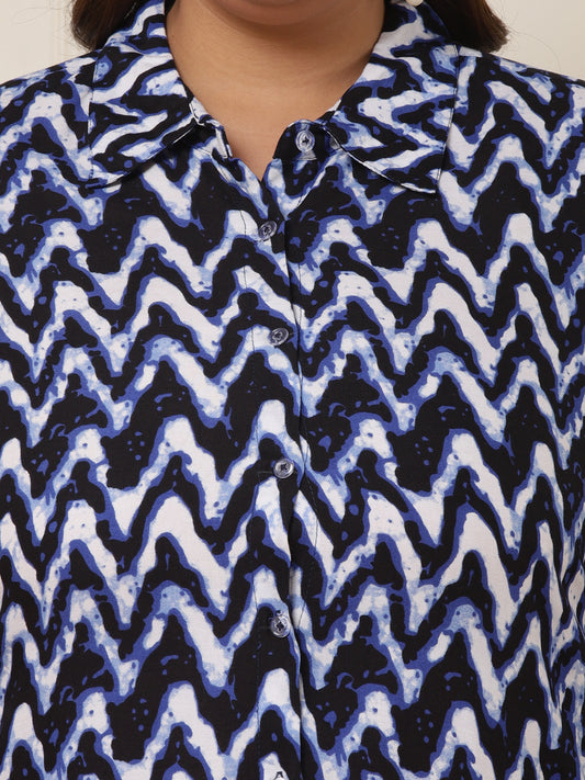 Women's Plus Size Blue Zig-Zag Viscose Rayon Shirt Dress