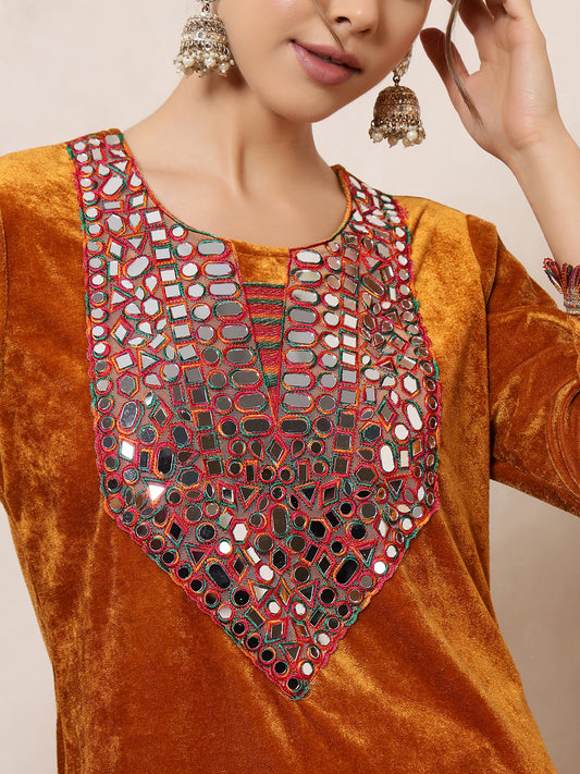 Velvet Mustard Kurti Multi Colour Embroidered Neck Patch Sharara With Dupatta Indo Western Women Co-Ord Set