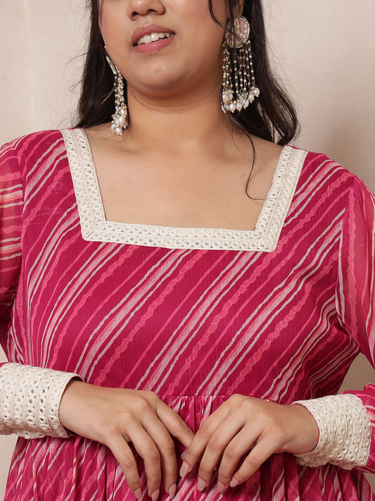 Pink Magenta Laheriya Tiered Ethnic Kurta With Dupatta For Women