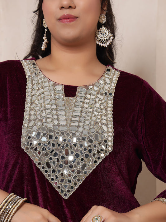 Velvet Wine Kurti Embroidered Neck Patch Sharara With Dupatta Women Indo Western Women Co-Ord Set