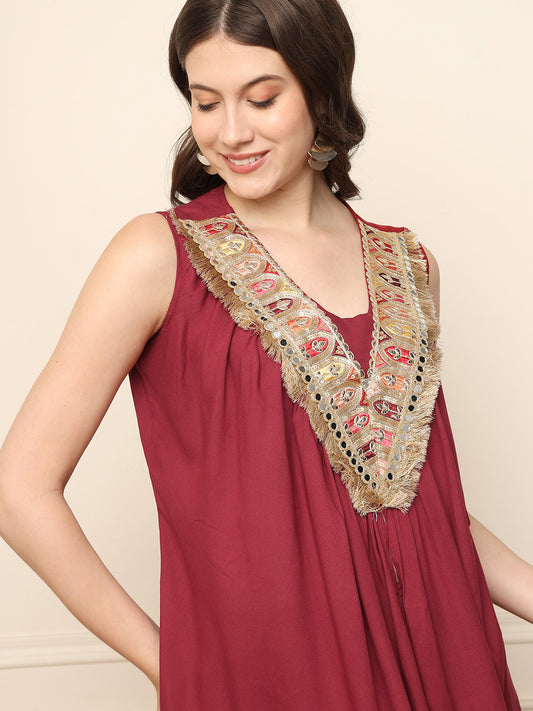 Maroon Peplum Top With Sharara Women Co-Ord Set