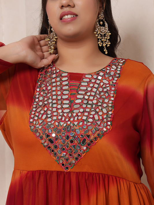 Maroon With Mustard Ombre Printed Tiered Maxi Ethnic Kurta With Embroidered Neck Patch With Dupatta For Women