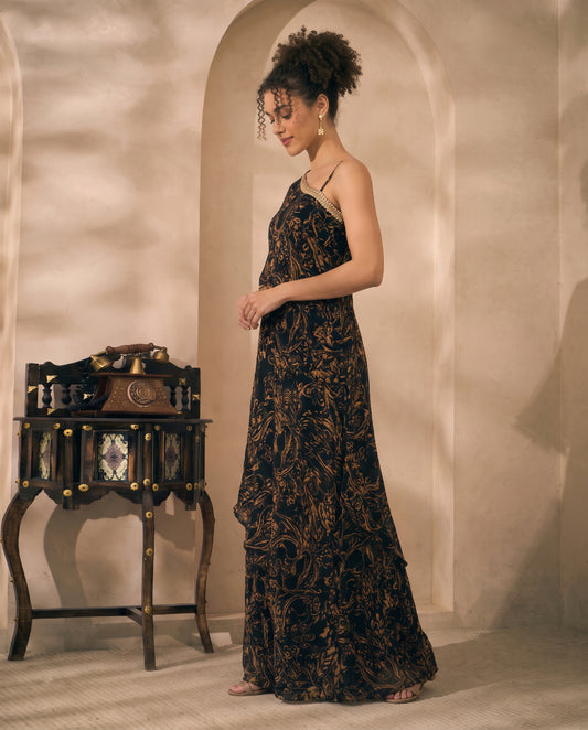 Black Chiffon Paisley Print One Shoulder Tunic With Palazzo Indo Western Women Co-ord Set