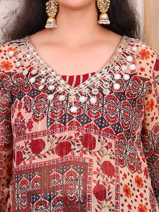 Maroon Patch Printed Pure Chiffon Lurex Indo Western Women Co-ord Set