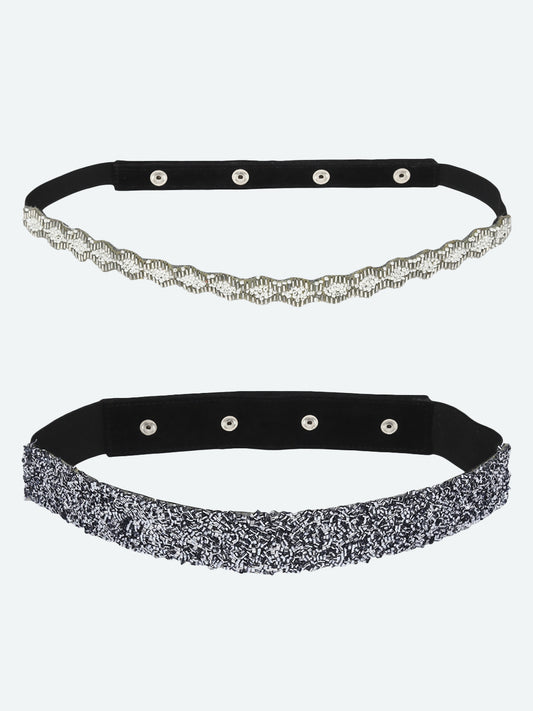 Women's Set Of 2 Silver-Toned White Sequin Beaded Embellished Stretchable PU Belt