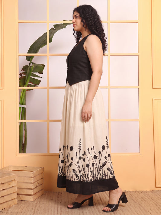 Black Cotton Solid With Floral Waistcoat With Skirt Women Plus Size Co-Ord Set