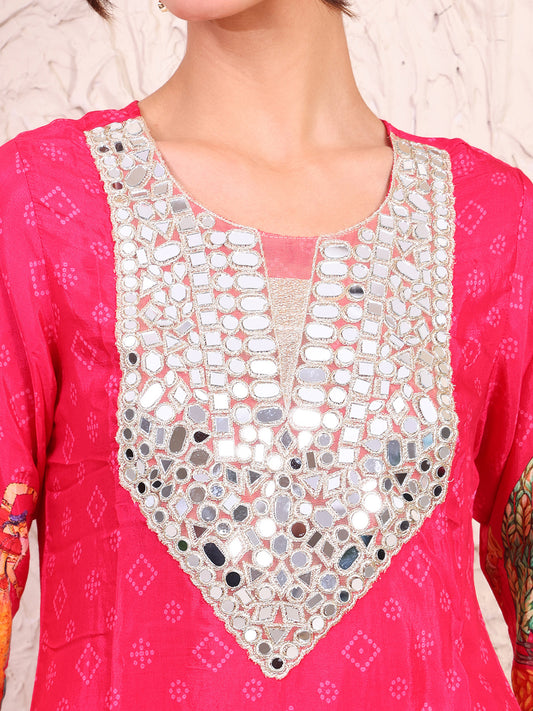 Embroidered Magenta Pure Muslin Bandhani Kurti With Sharara Indo Western Women Co-ord Set