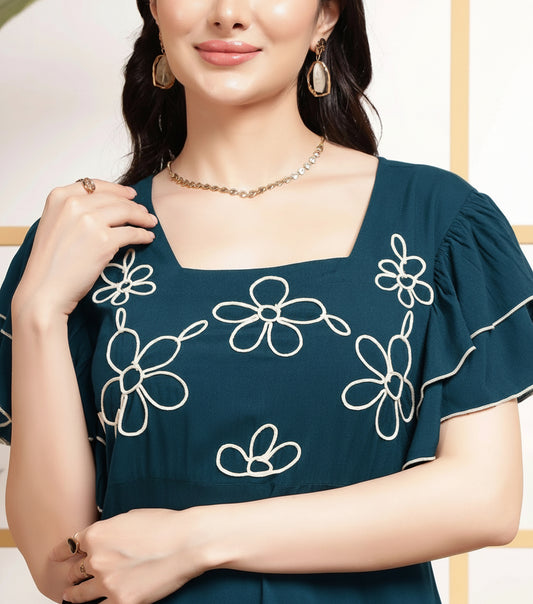 Teal Squared Neck Tiered Embroidered Women's Dress