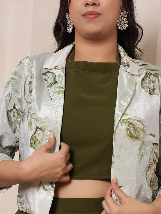 Olive Green Embroidered Shurg With Inner Halter Neck Top With Dhoti Skirt Women Indo Western 3 Piece Set