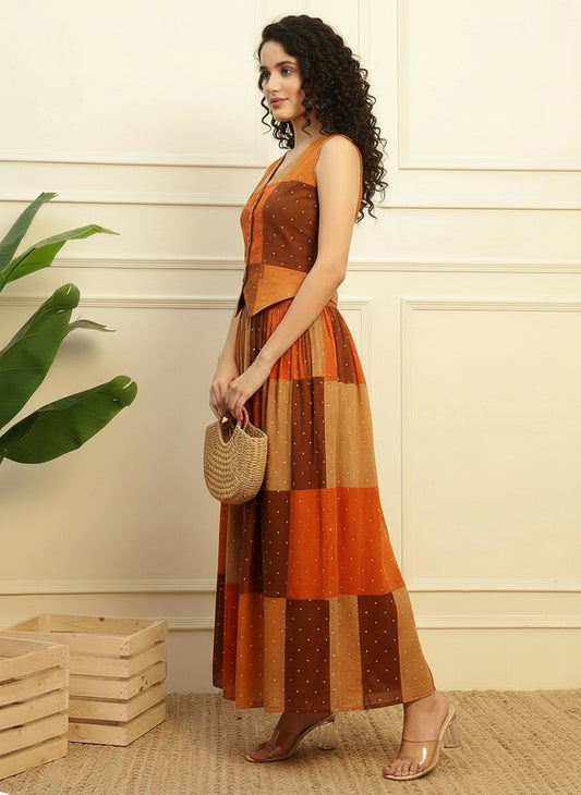 Multicolor Cotton Patch Printed Waistcoat With Skirt Women's Co-Ord Set