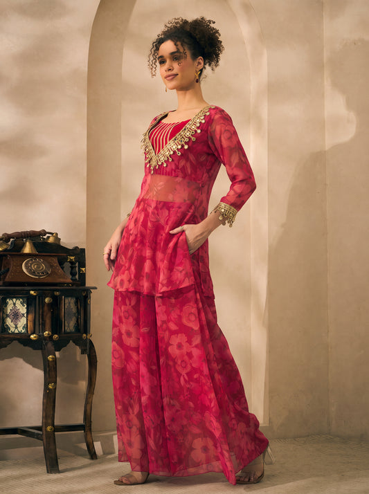 Magent Floral Chiffon Kurta With Palazzo & Bustier Indo Western Women 3 Piece Set