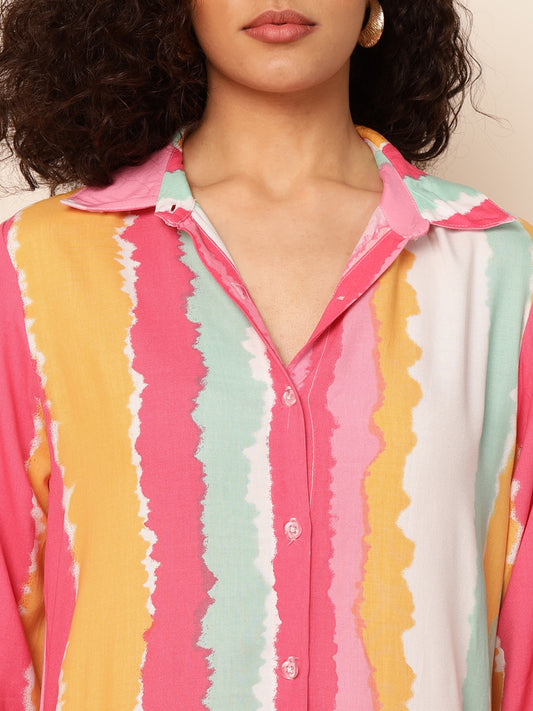 Magenta Multicolor Striped Women Shirt