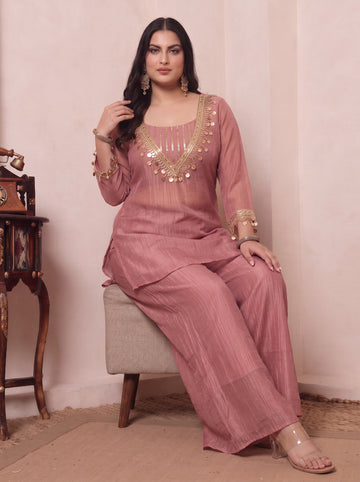 Pink Shimmer Solid Kurta With Palazzo & Bustier Indo Western Women Plus Size 3 Piece Set
