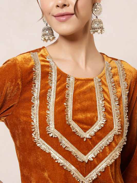 Velvet Mustard Kurti Embellished By Lace Sharara With Dupatta Indo Western Women Co-Ord Set