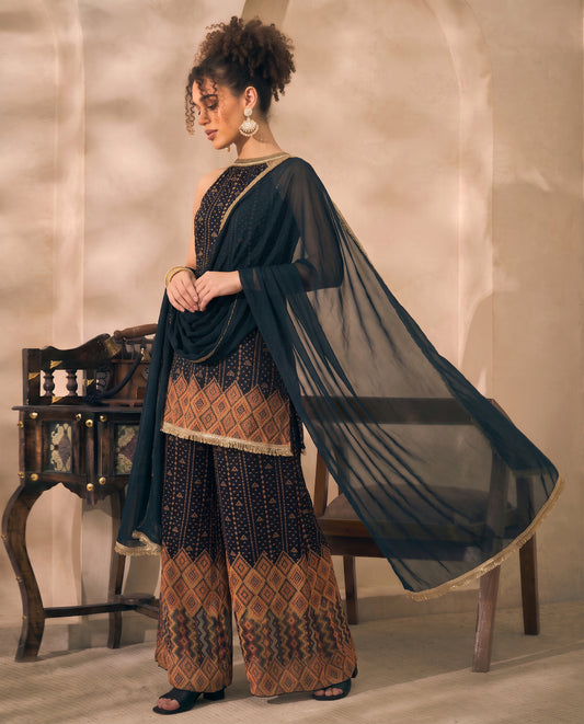 Halter Neck Bandhani Border Chiffon Kurta With Palazzo With Dupatta Indo Western Women's 3 Piece Set