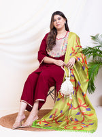 Women's Plus Size Maroon Embroidery Yoke Design Women Kurta Sets With Dupatta