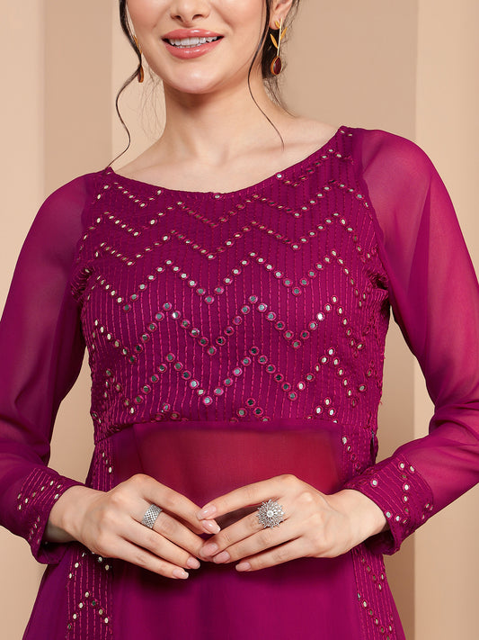 Magenta Sequence Embroidered Long Slit Kurta With Sharara Women's Co-Ord Set