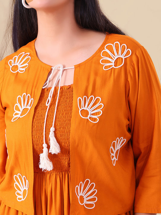 Tan Brown Pure Rayon Smocked Dress With Embroidered Shrug