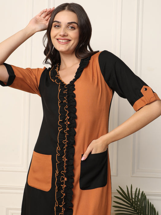 Black With Tan Brown Colour Blocked Women Dress