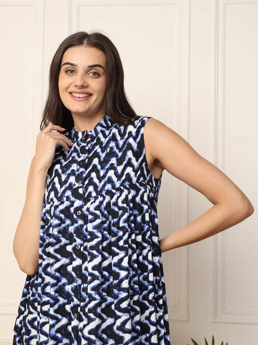 Blue Zig-Zag Printed Tiered Women Shirt Dress