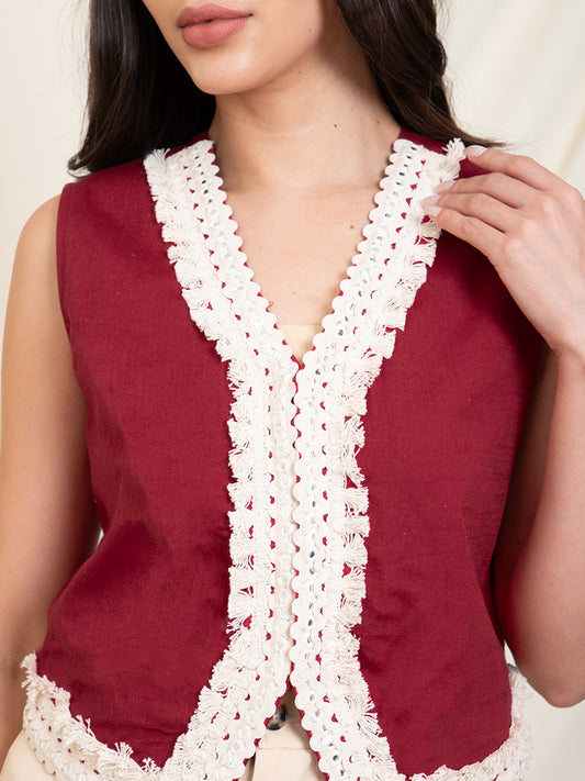 Maroon Lace Detailed Women Waistcoat