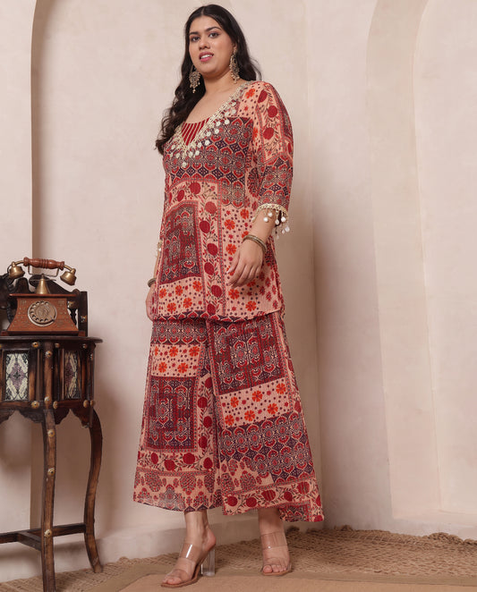 Maroon Patch Printed Pure Chiffon Lurex Indo Western Women Plus Size Co-ord Set