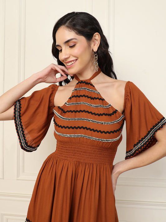 Tan Brown Halter Neck Tiered Women Dress