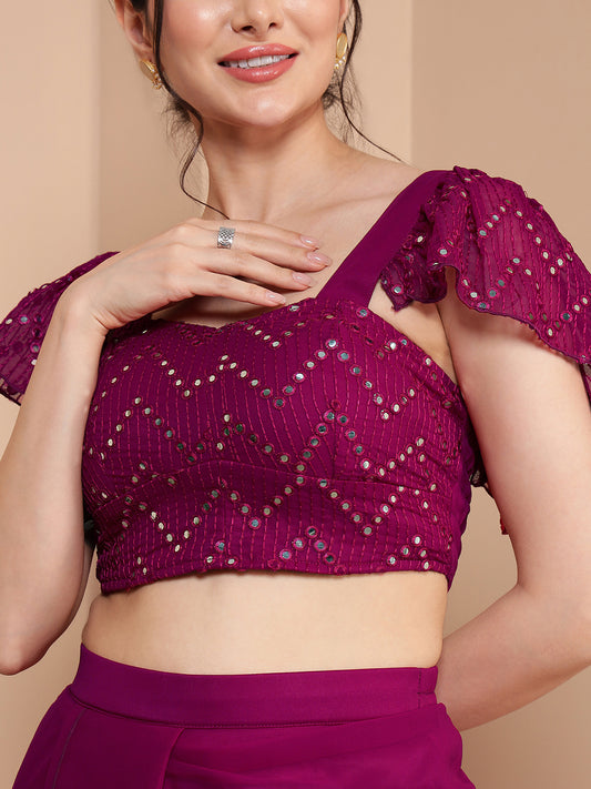 Magenta Sequence Embroidered Crop Top With Skirt Dhoti With Dupatta Indo Western Women's Co-Ord Set
