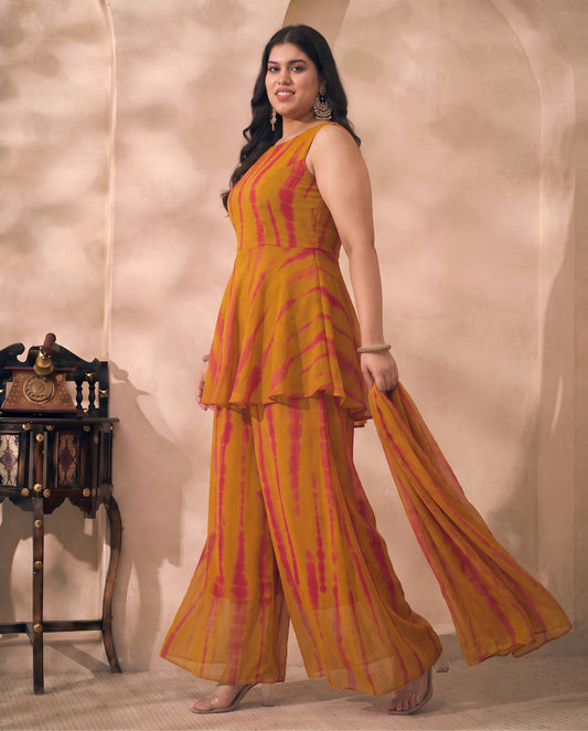 Olive Tie Dye Chiffon Peplum Top With Palazzo & Dupatta Indo Western Women's Plus Size 3 Piece Set