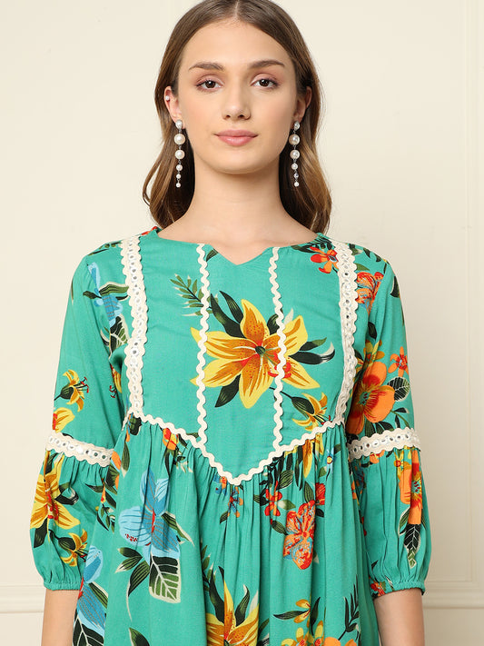 Green Floral Printed Peplum Top With Sharara Women Indo Western Co-Ord Sets