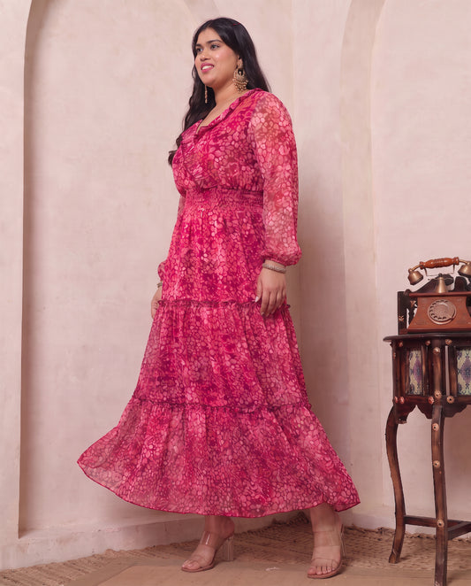 Chiffon Abstract Print Magenta Tiered Women Plus Size Maxi Dress