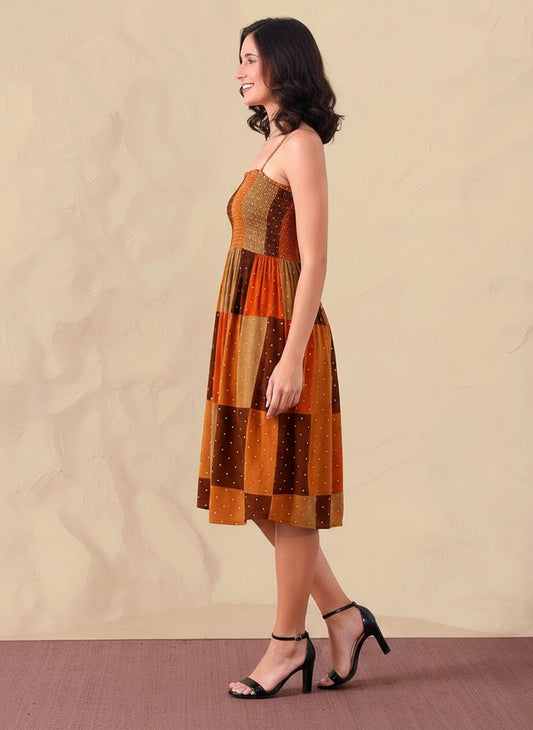 Multi Patch Printed Sleeveless   Strappy Neck Women Knee Length Dress