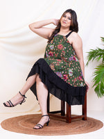 Women's Plus Size Green Floral Printed Tiered Halter Neck Women Dress