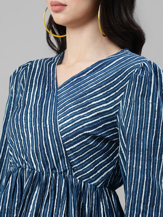 Indigo Stripes Flared Tunic & Straight Pants Set