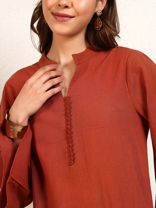 Brown Cotton Flex Solid Mandarin Collar Kurta With Salwar Pant Women Co-Ord Set