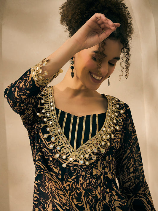 Black And Beige Printed Chiffon Deep Neck Kurta With Palazzo And Bustier Indo Western Women 3 Piece Set