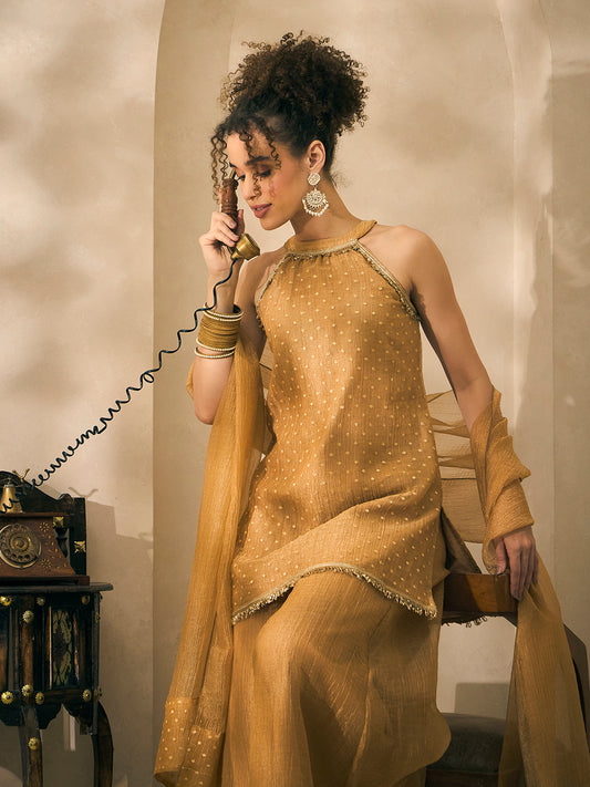 Halter Neck Golden Shimmer Kurta With Palazzo With Dupatta Indo Western Women 3 Piece Set